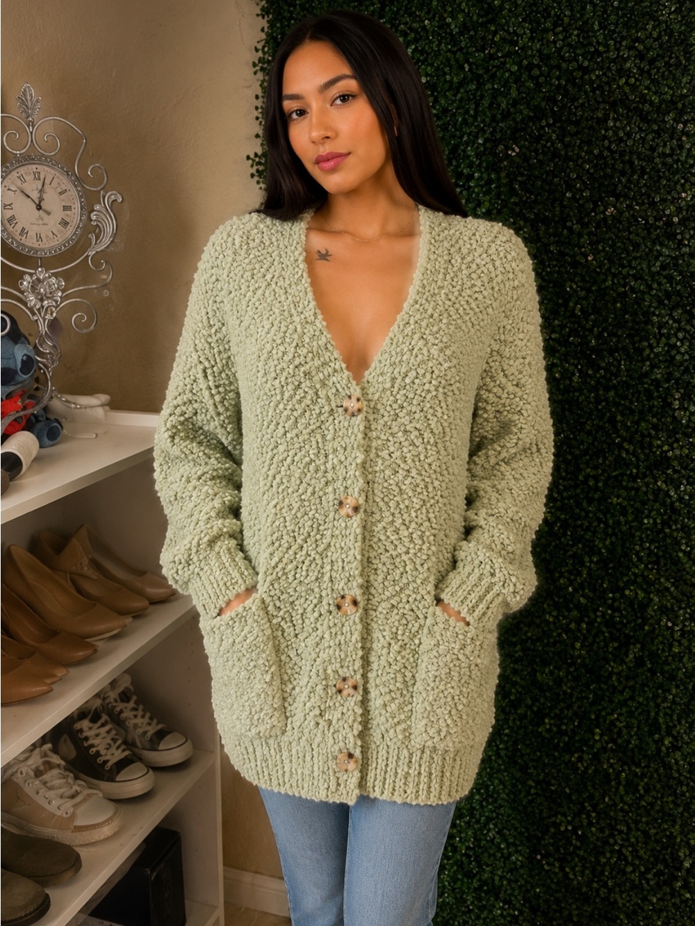 Zenana Outfitters Sage Popcorn Knit Cardigan with Pockets